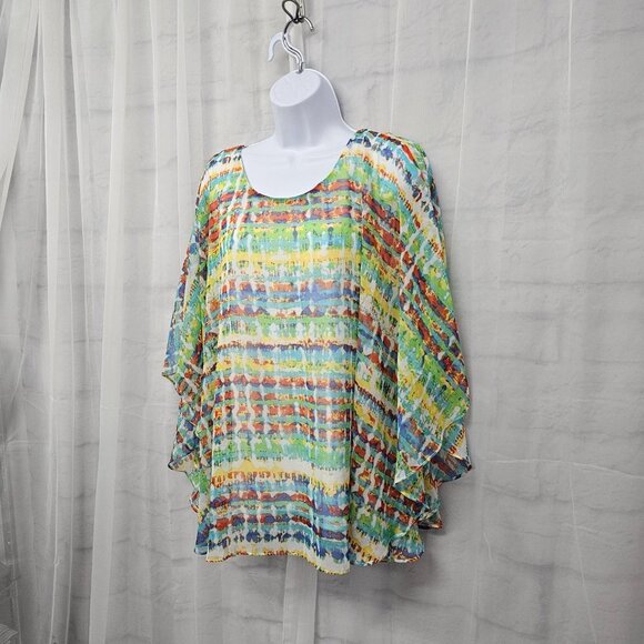 Signature Collection Green Blue Tie Dye Cape Blouse Boho Colorful Festival L - Picture 6 of 12